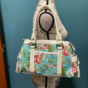 Canvas purse blue, green, brown & pinkfloral design w/white vinyl trim & bottom